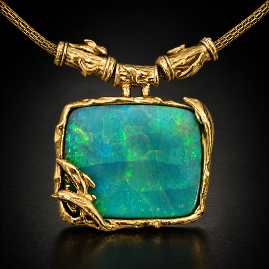 Vintage 1990s Black Opal 75.45 ct Dolphin Pendant Necklace in 14kt Yellow Gold