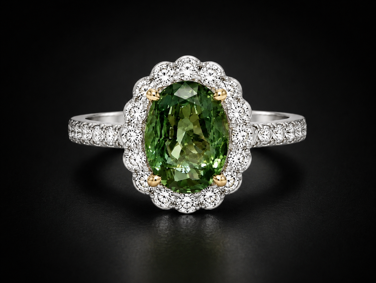 Natural Untreated Green Zircon 4.00 ct Oval and Diamond Halo Ring in 18kt White and Yellow Gold, SGL Report No. 200928B-SB