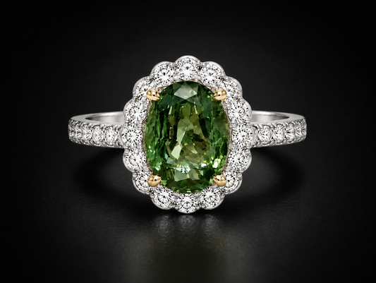 Natural Untreated Green Zircon 4.00 ct Oval and Diamond Halo Ring in 18kt White and Yellow Gold, SGL Report No. 200928B-SB