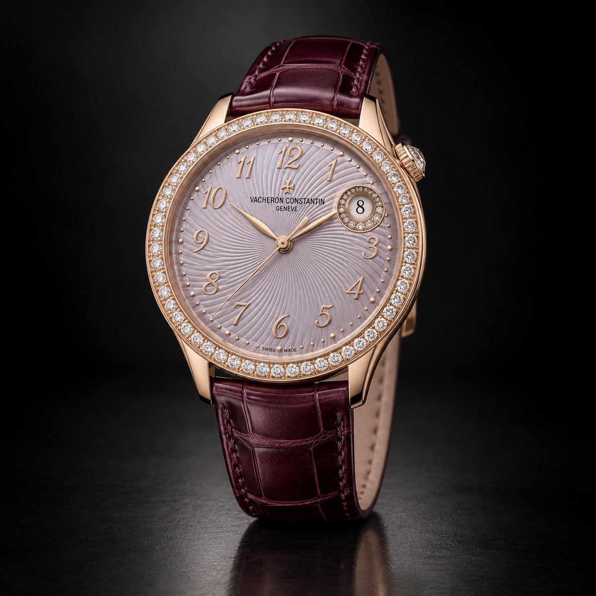 Vacheron Constantin ladies’ rose-gold-tone date watch with stone-set bezel