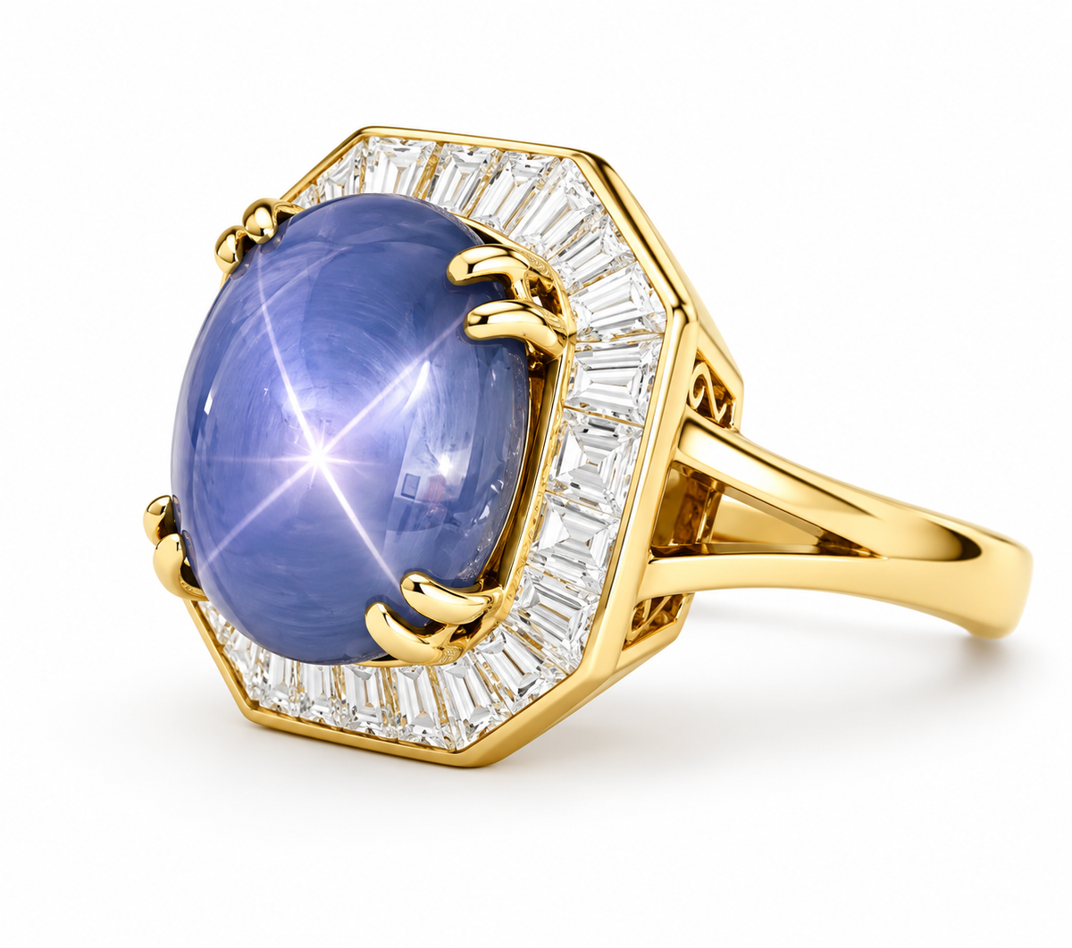 Natural Unheated Blue Star Sapphire 10.83 ct and Diamond Ring in 18kt Yellow Gold