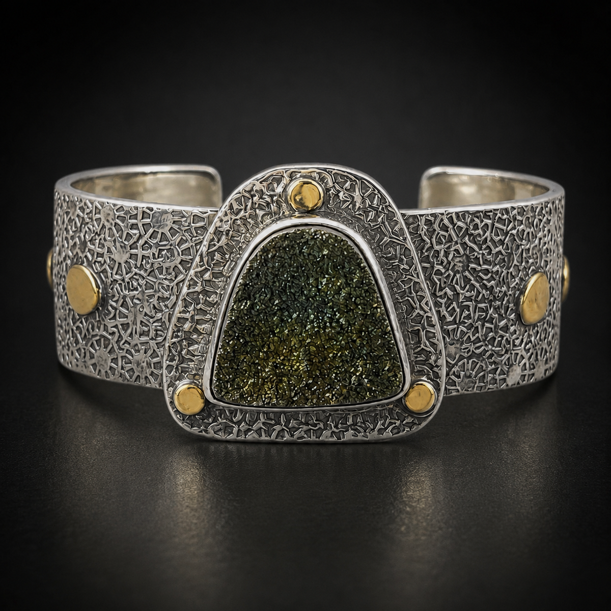 Monroe Jackson Rainbow Pyrite Druzy Cuff Bracelet in Sterling Silver and 14kt Gold, Signed