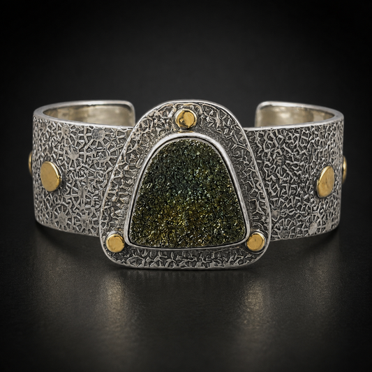 Monroe Jackson Rainbow Pyrite Druzy Cuff Bracelet in Sterling Silver and 14kt Gold, Signed