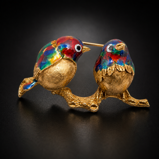Vintage Italian 18kt Yellow Gold and Polychrome Enamel Birds on a Branch Brooch