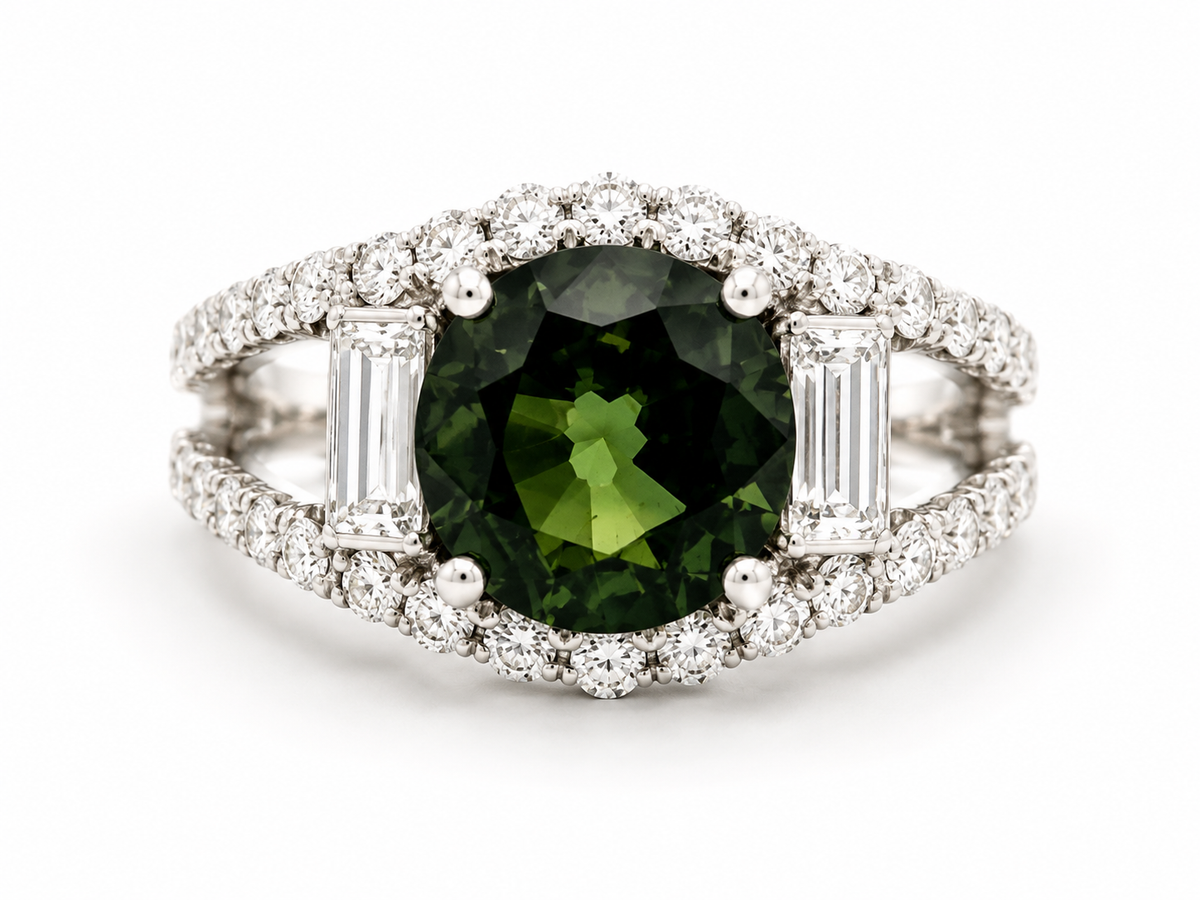 Natural 4.24 ct Madagascar Green Sapphire & 2.50 ct Diamond Platinum Ring, SGL Report
