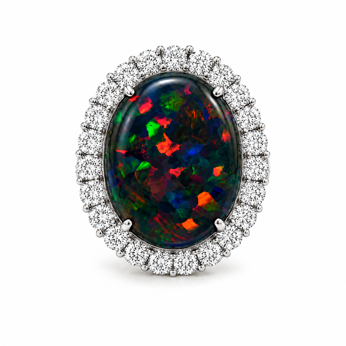 Natural Australian Black Opal 5.48 ct & Diamond Halo Ring 1.50 ctw in 14K White Gold, SGL Report No. 190811A-SB