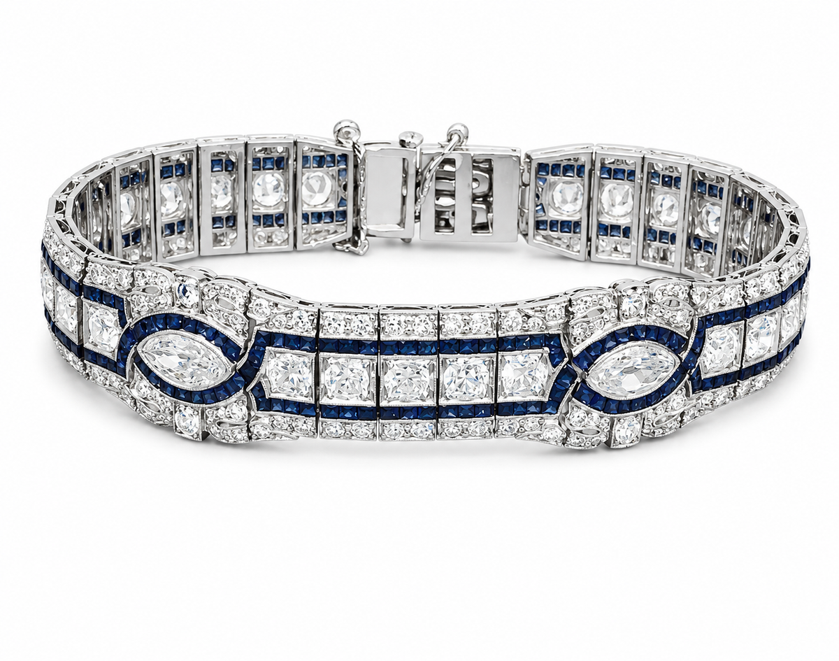Vintage Art Deco Platinum Diamond 6.22 ct and Sapphire 3.38 ct Bracelet, circa 1940s