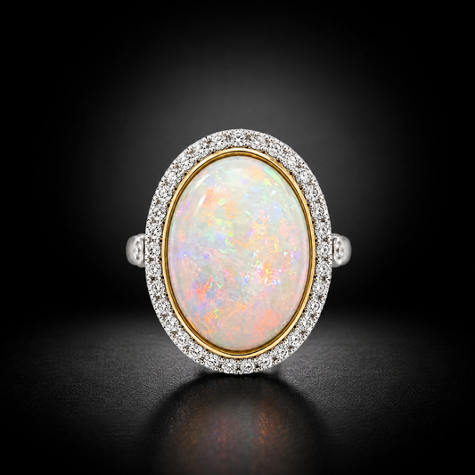 Opal 7.53 ct and Diamond Halo Ring in 18kt Yellow Gold and Platinum
