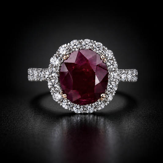 Natural Madagascar Ruby 3.16 ct Oval and Diamond Halo Ring in 18kt White Gold, SGL Report