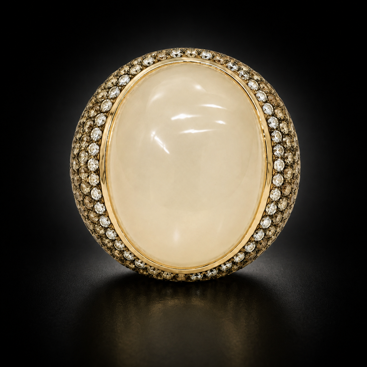 Moonstone Oval Cabochon 40+ ct and Brown and White Diamond Ring in 18kt Rose Gold