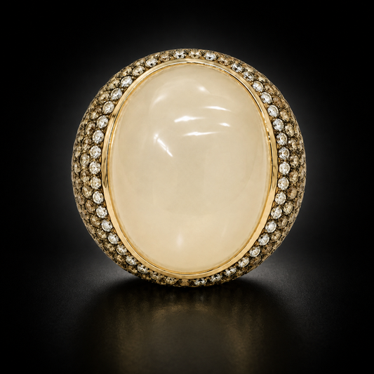 Moonstone Oval Cabochon 40+ ct and Brown and White Diamond Ring in 18kt Rose Gold