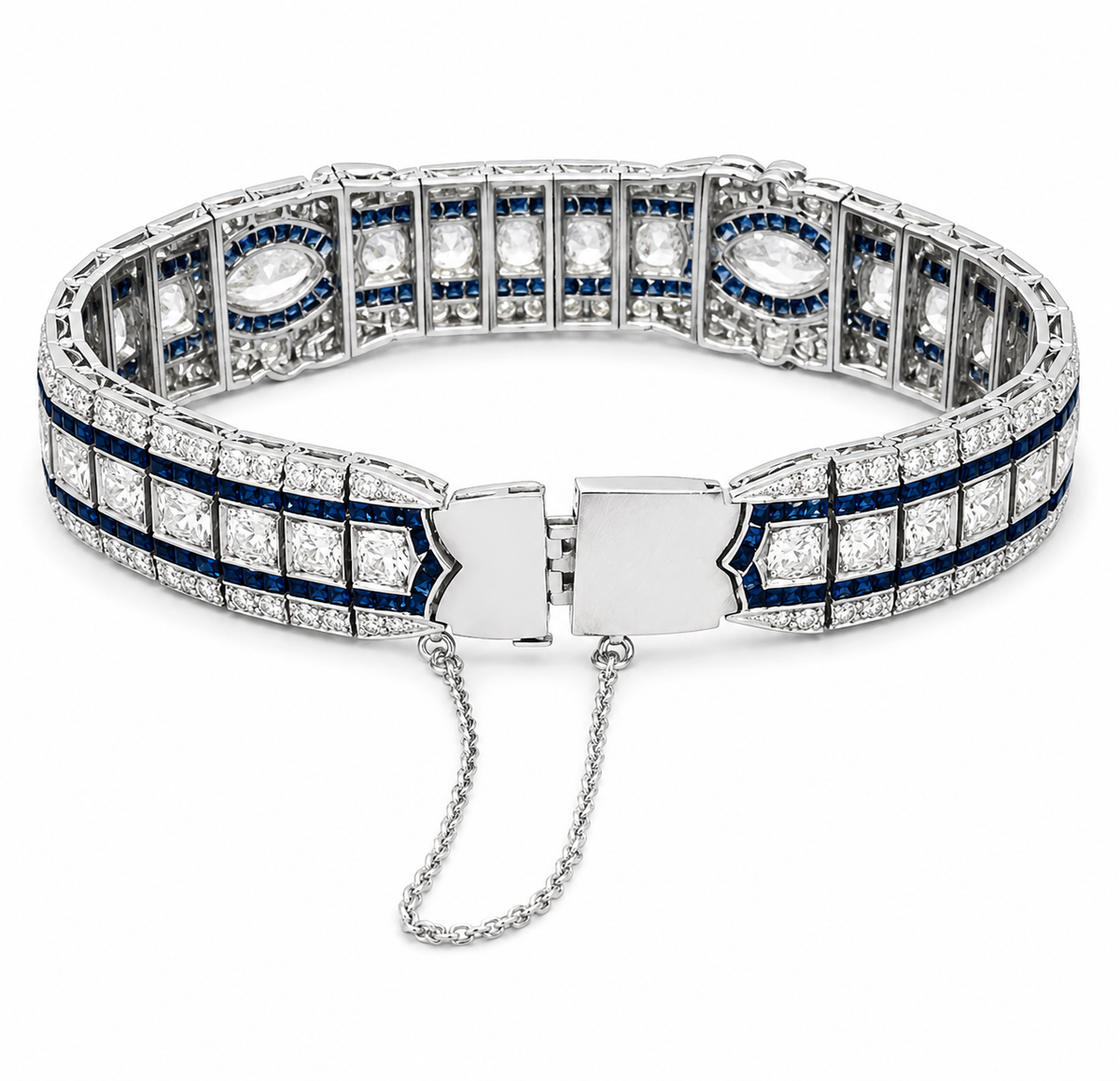 Vintage Art Deco Platinum Diamond 6.22 ct and Sapphire 3.38 ct Bracelet, circa 1940s