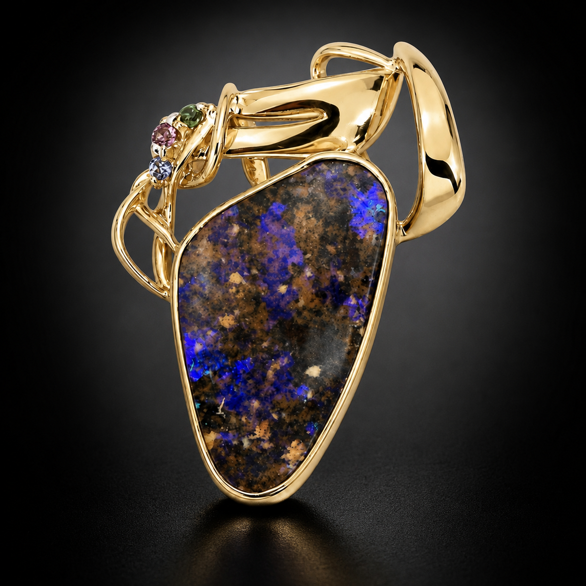 Vintage 1990s Boulder Opal and Sapphire Convertible Pendant Brooch in 14kt Yellow Gold