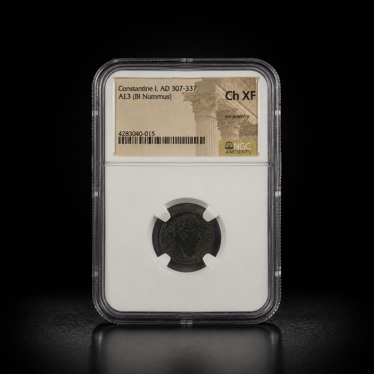 Camp-gate reverse of Constantine I AE3 billon nummus in an NGC Ancients holder