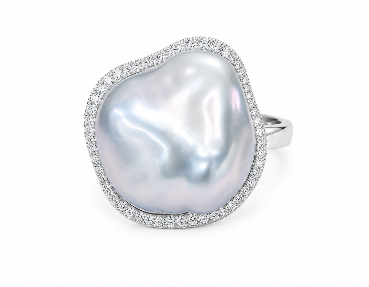 South Sea Baroque Pearl 19 x 17 mm and Diamond Ring in 18kt White Gold