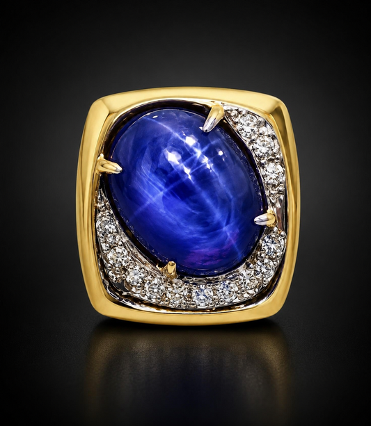 Natural 15.16 ct Ceylon Purple Star Sapphire & Diamond 18K Yellow Gold Ring, SGL Report No. 221129H-SB