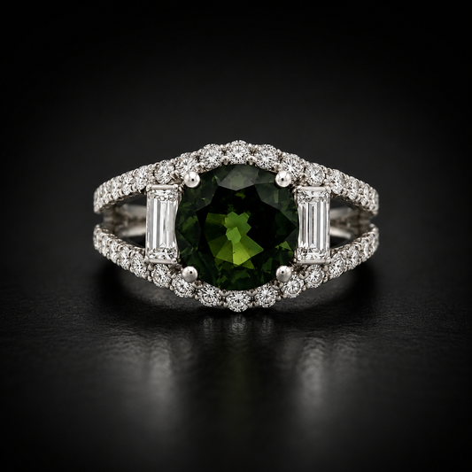 Natural 4.24 ct Madagascar Green Sapphire & 2.50 ct Diamond Platinum Ring, SGL Report