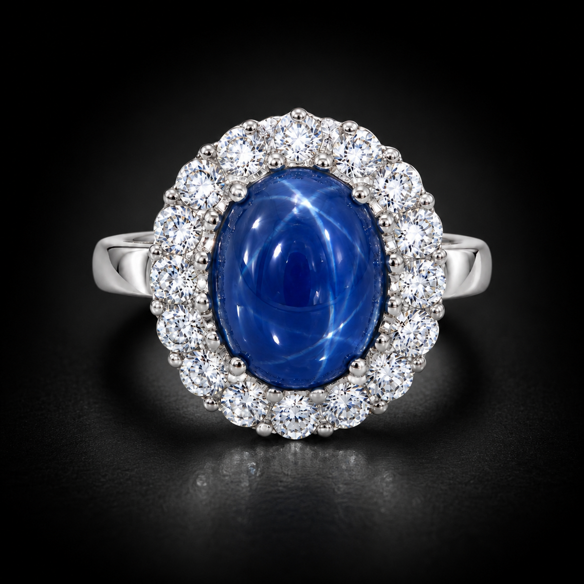 Natural Unheated Blue Sapphire 5.16 ct Cabochon and Diamond Halo Ring in 14kt White Gold, SGL Report No. 181101S-SB