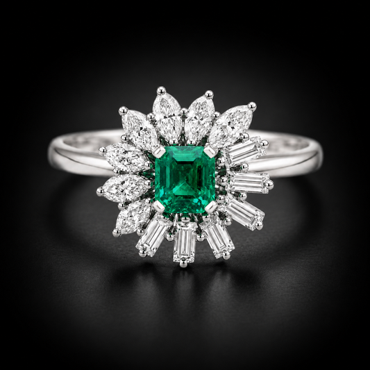 Vintage 1940s Natural Colombian Emerald 0.90 ct and Diamond Ring in Platinum and 18kt White Gold, SGL Report No. 190509O-SB