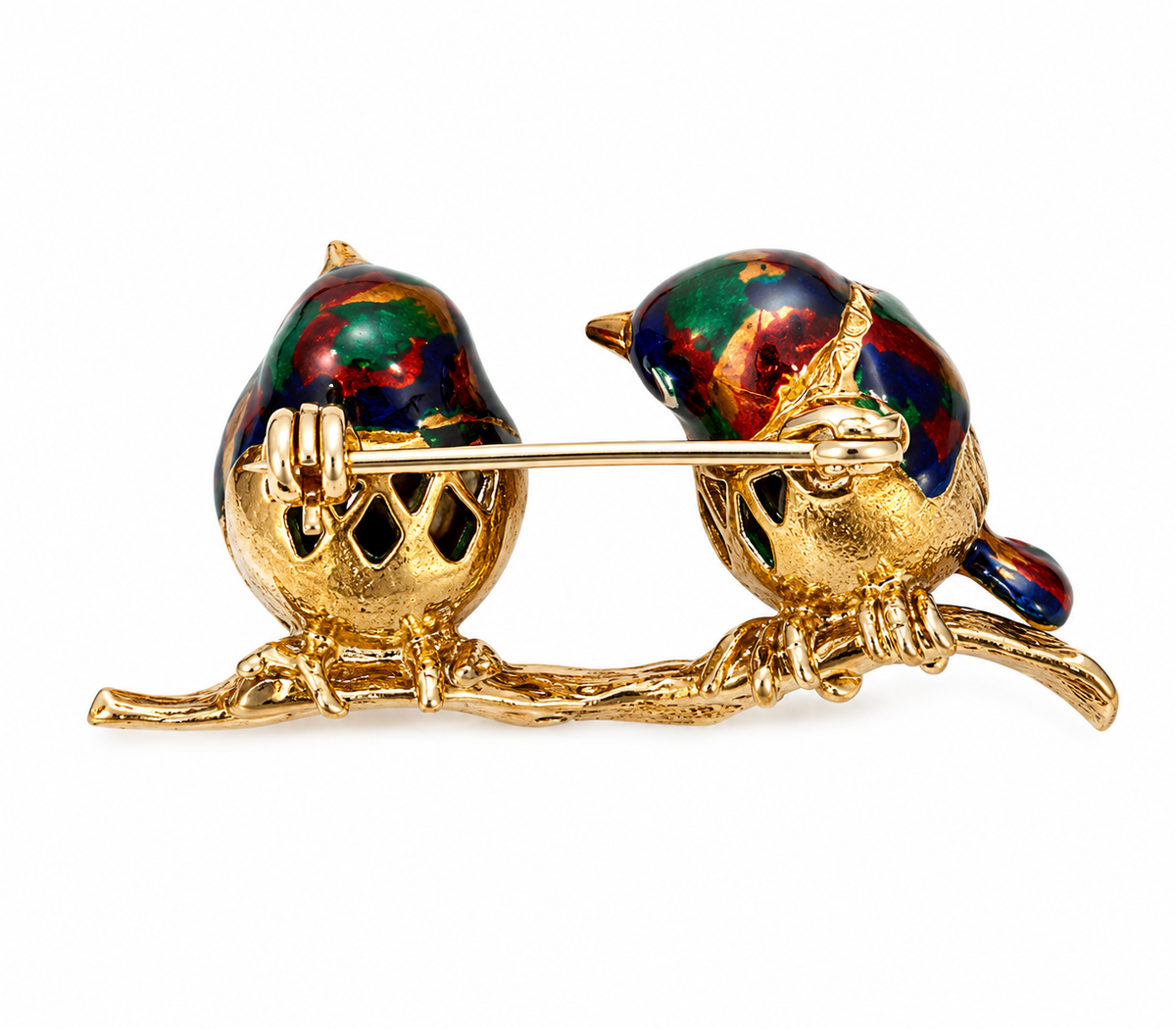 Vintage Italian 18kt Yellow Gold and Polychrome Enamel Birds on a Branch Brooch