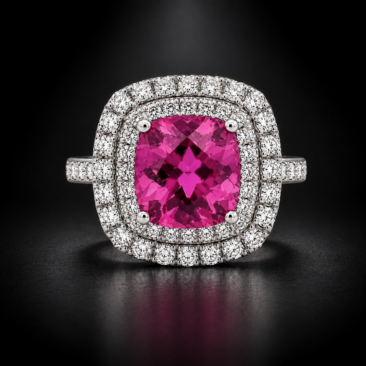 Pink Tourmaline 5.73 ct Cushion Cut and Diamond 2.00 ct Double Halo Ring in 14kt Rose Gold