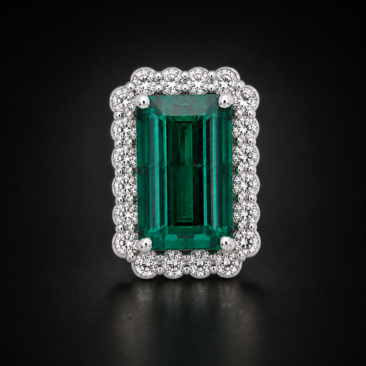 Natural Green Tourmaline 14.73 ct Emerald Cut and Diamond 2.10 ct Halo Ring in 14kt White Gold, SGL Report