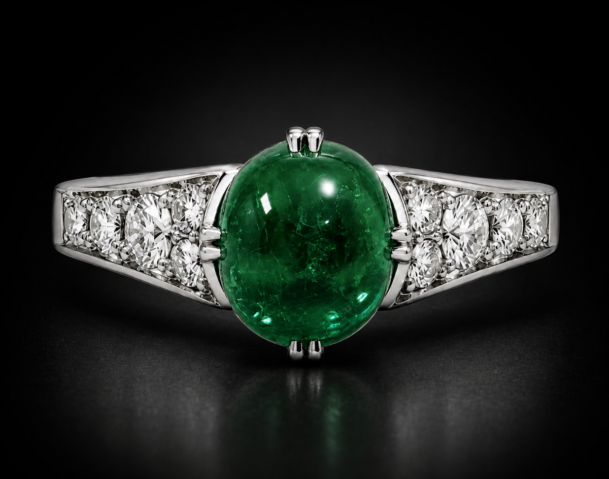 Natural Colombian Emerald 1.90 ct Cushion Cabochon and Diamond Ring in 14kt White Gold, SGL Report