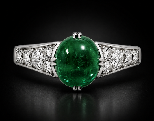 Natural Colombian Emerald 1.90 ct Cushion Cabochon and Diamond Ring in 14kt White Gold, SGL Report