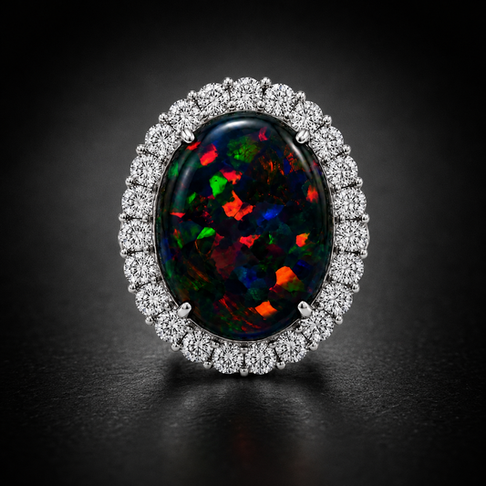 Natural Australian Black Opal 5.48 ct & Diamond Halo Ring 1.50 ctw in 14K White Gold, SGL Report No. 190811A-SB