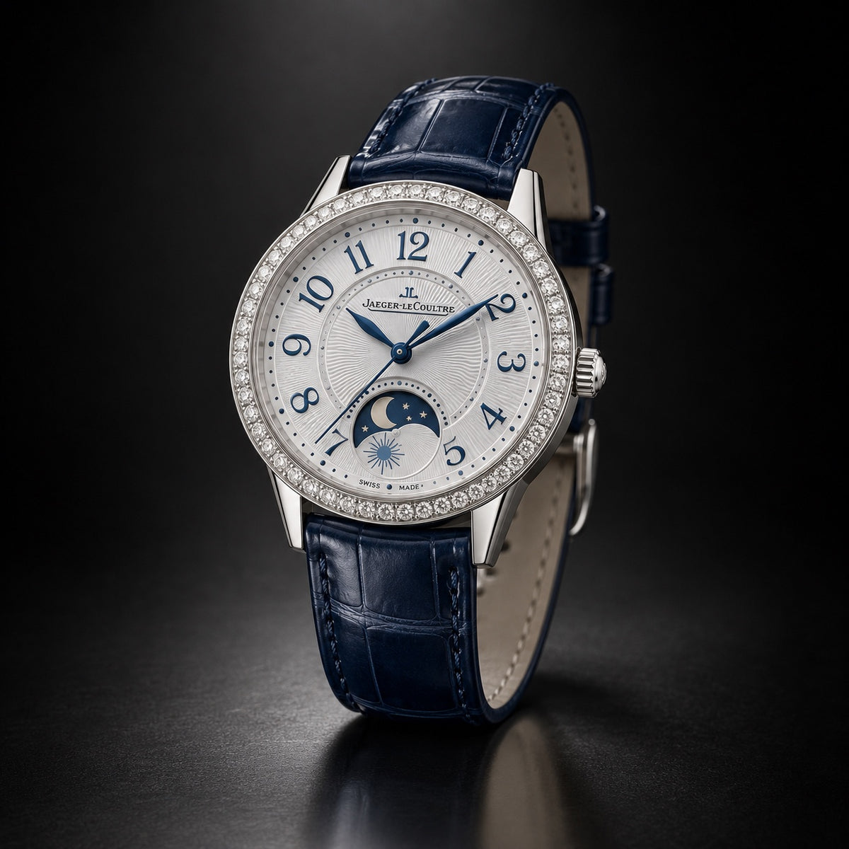 Jaeger-LeCoultre ladies’ moon display watch with blue strap and stone-set bezel