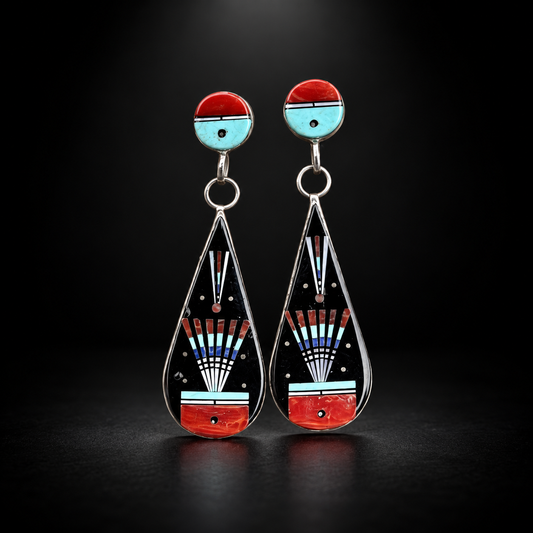 Erwin P Tsosie sterling silver teardrop earrings with coral, turquoise, onyx and shell inlay