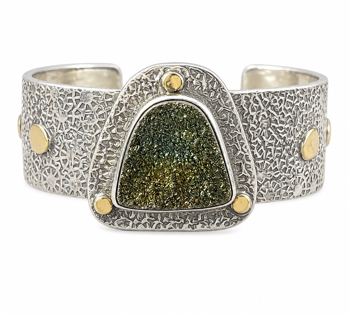 Monroe Jackson Rainbow Pyrite Druzy Cuff Bracelet in Sterling Silver and 14kt Gold, Signed