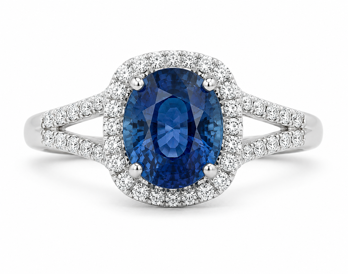 Natural 5.24 ct Madagascar Blue Sapphire & 0.68 ct Diamond 18K White Gold Halo Ring, SGL Report No. 250307H-SB