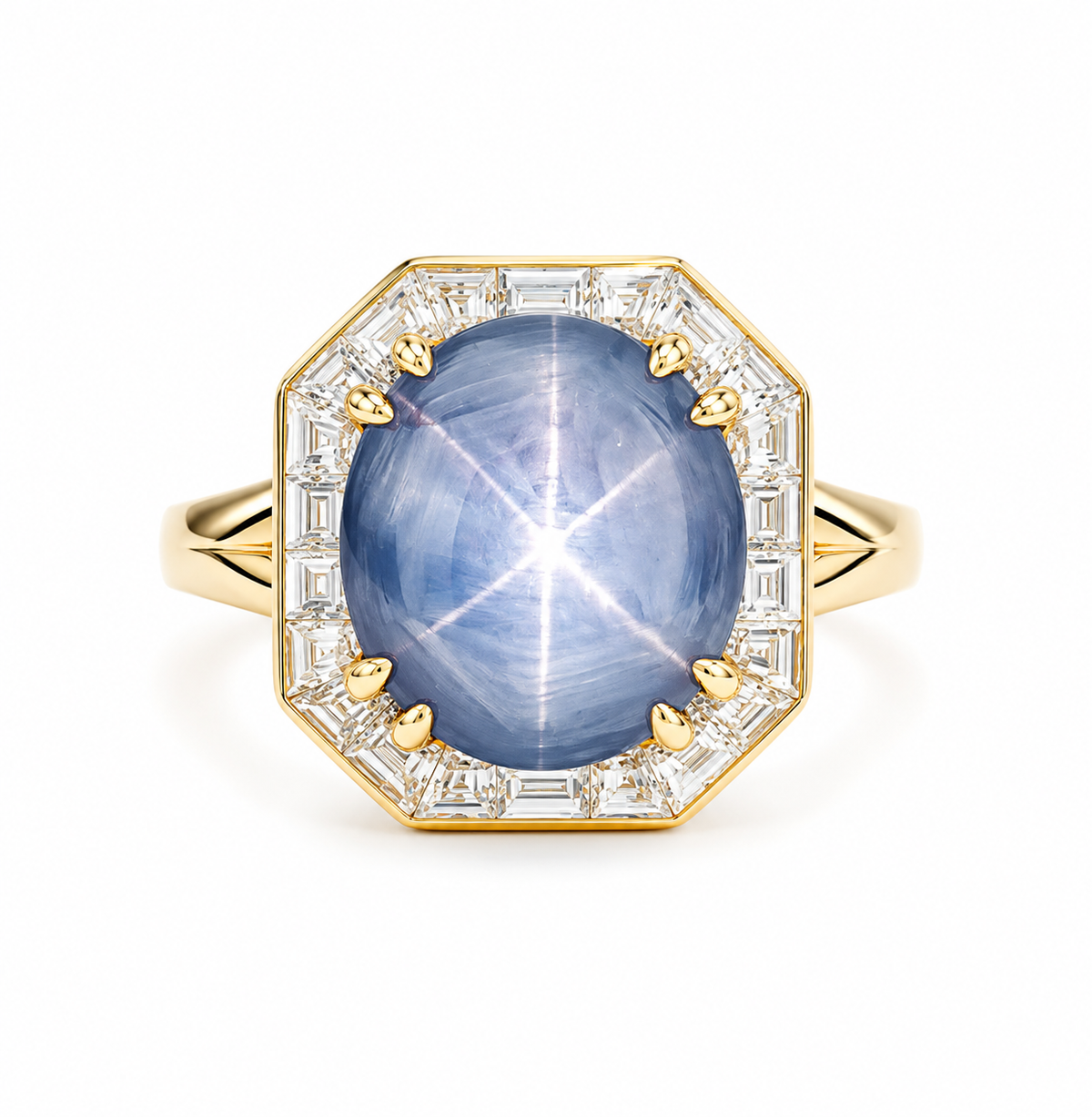 Natural Unheated Blue Star Sapphire 10.83 ct and Diamond Ring in 18kt Yellow Gold