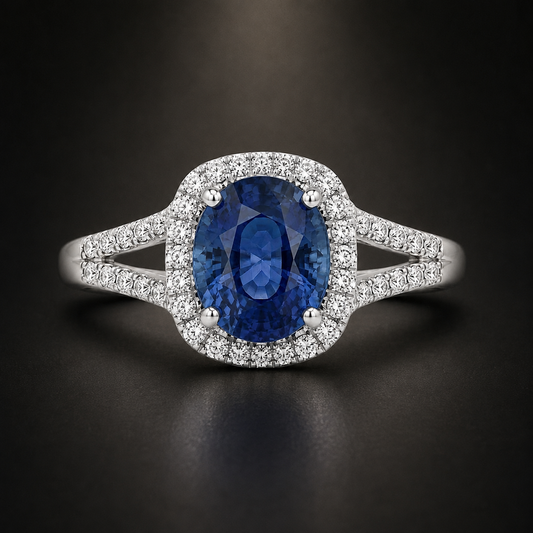 Natural 5.24 ct Madagascar Blue Sapphire & 0.68 ct Diamond 18K White Gold Halo Ring, SGL Report No. 250307H-SB