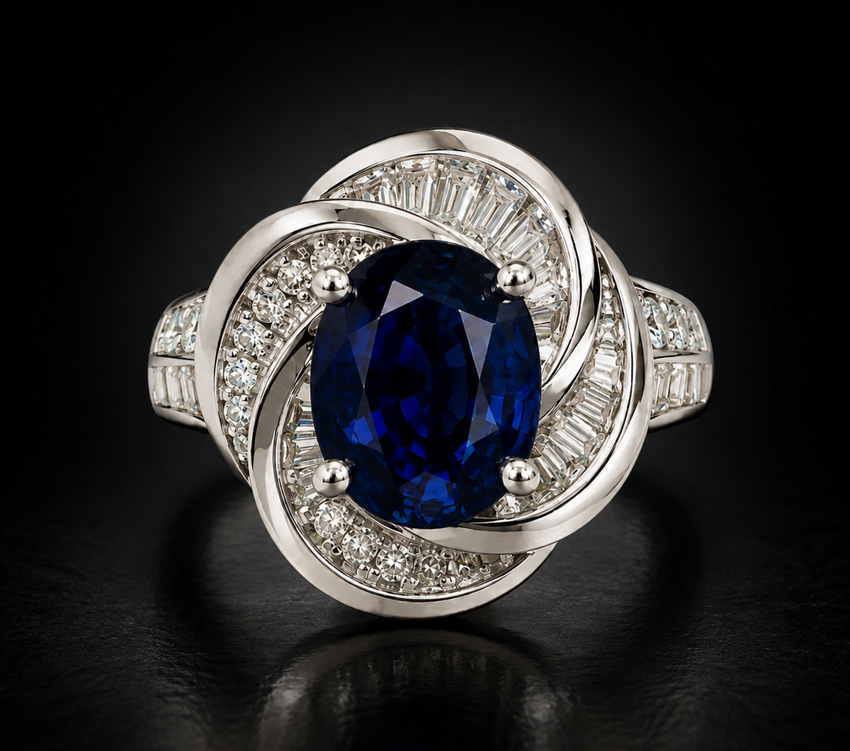 Natural Blue Sapphire 3.70 ct Oval and Diamond Ring in 18kt White Gold, SGL Report