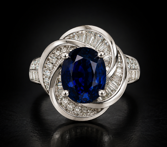 Natural Blue Sapphire 3.70 ct Oval and Diamond Ring in 18kt White Gold, SGL Report
