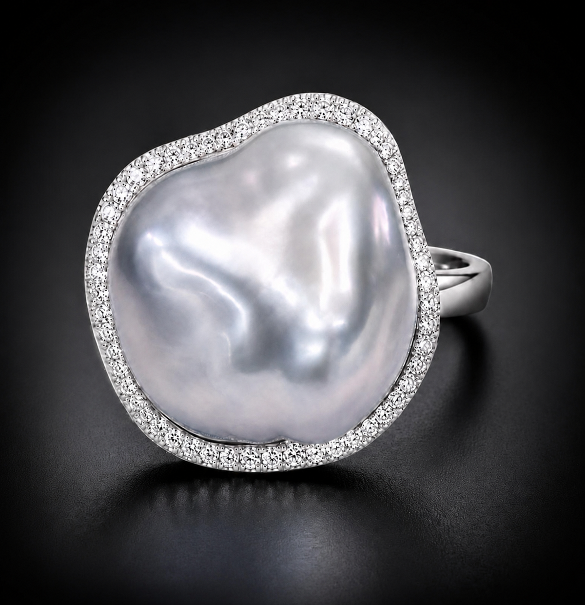 South Sea Baroque Pearl 19 x 17 mm and Diamond Ring in 18kt White Gold