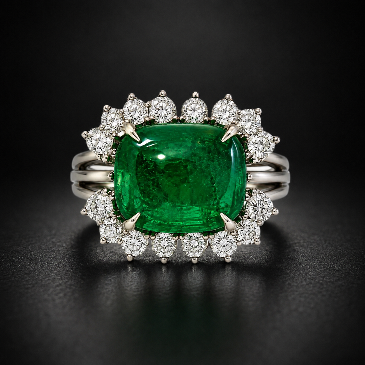 5.34 ct Colombian Sugarloaf Emerald & 2.60 ct Diamond Platinum Halo Ring