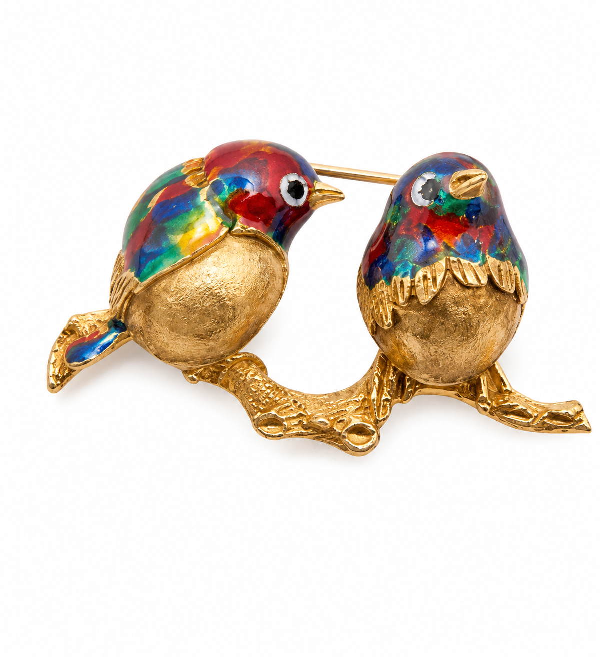Vintage Italian 18kt Yellow Gold and Polychrome Enamel Birds on a Branch Brooch