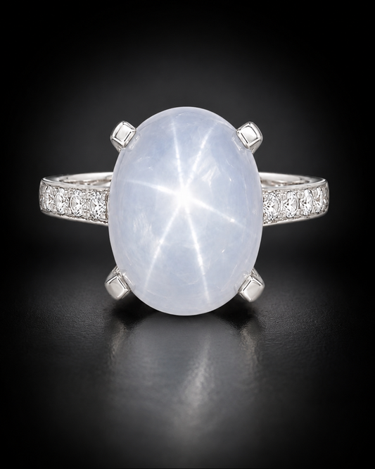 Natural Unheated White Star Sapphire 11.94 ct and Diamond Ring in Platinum, SGL Report No. 190318F-SB