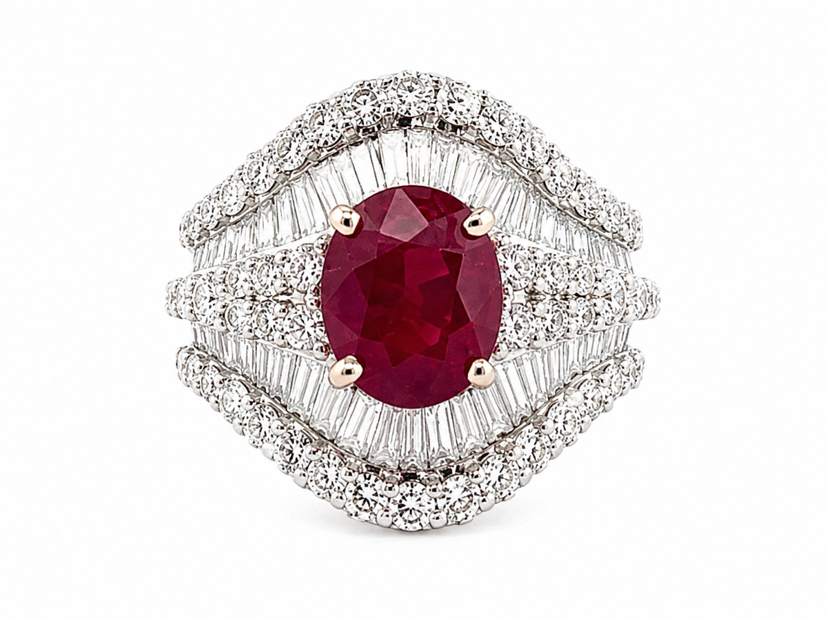 Natural 3.21 ct Burmese Ruby & 2.00 ct Diamond 18K White Gold Ring, AGL and SGL Reports