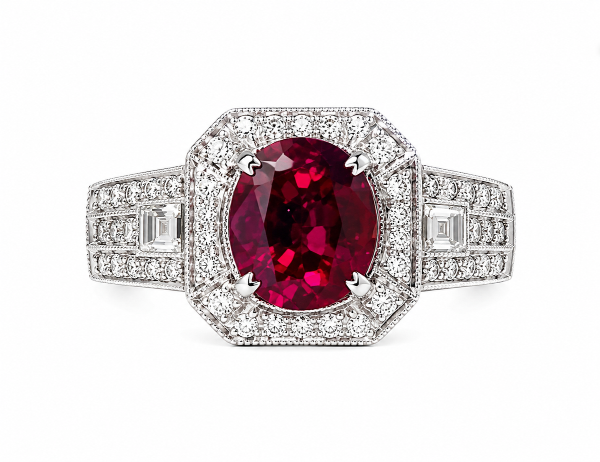 Natural 2.01 ct Thai Ruby & 1.50 ct Diamond Platinum Halo Ring, GIA Ruby Origin Report
