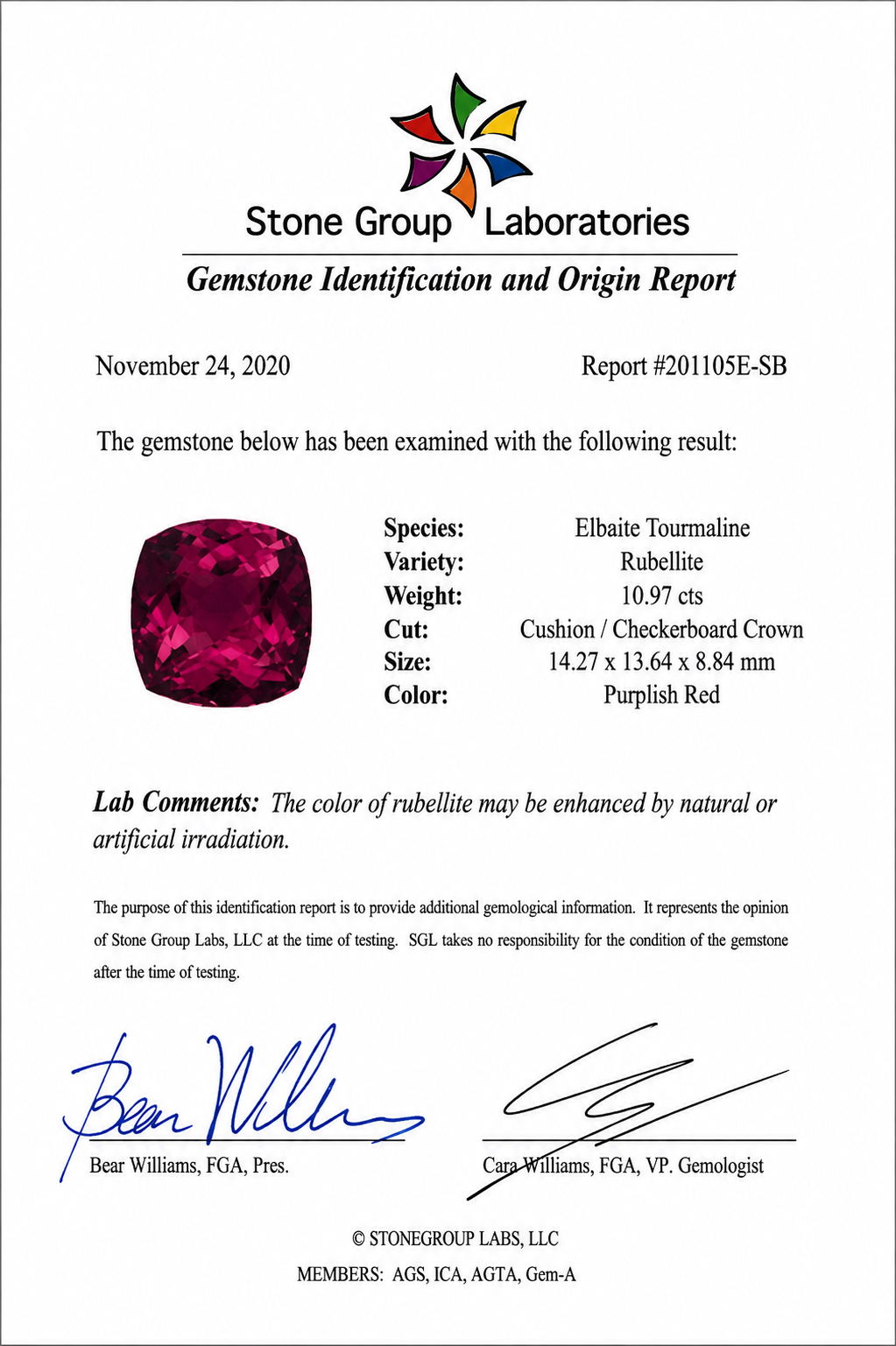Natural Rubellite Tourmaline 10.97 ct Checkerboard Cushion and Diamond 1.77 ct Ring in Platinum, SGL Report No. 201105E-SB