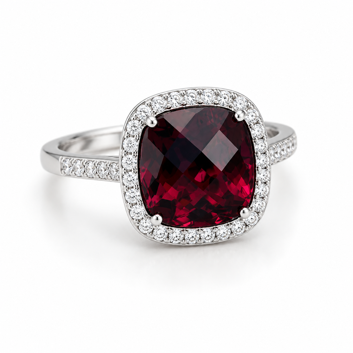 Natural Rubellite Tourmaline 10.97 ct Checkerboard Cushion and Diamond 1.77 ct Ring in Platinum, SGL Report No. 201105E-SB