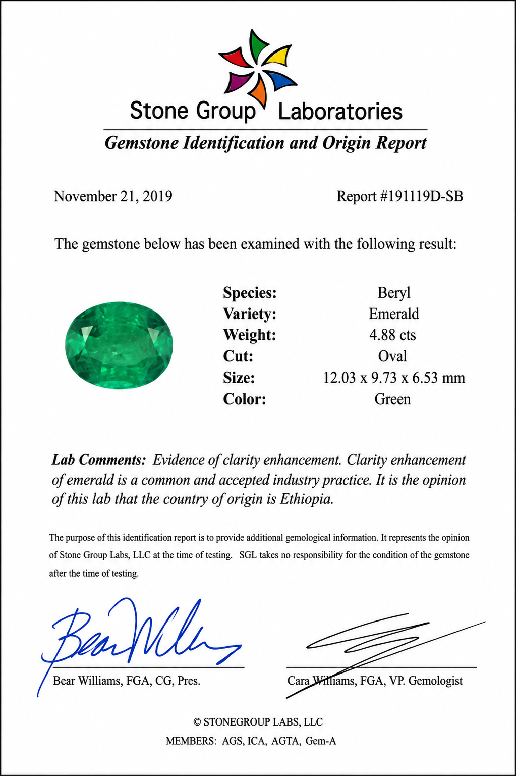 Natural Ethiopian Emerald 4.88 ct Oval and Diamond Ring in 14kt Yellow Gold, SGL Report No. 191119D-SB