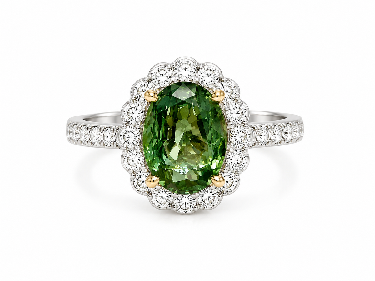 Natural Untreated Green Zircon 4.00 ct Oval and Diamond Halo Ring in 18kt White and Yellow Gold, SGL Report No. 200928B-SB