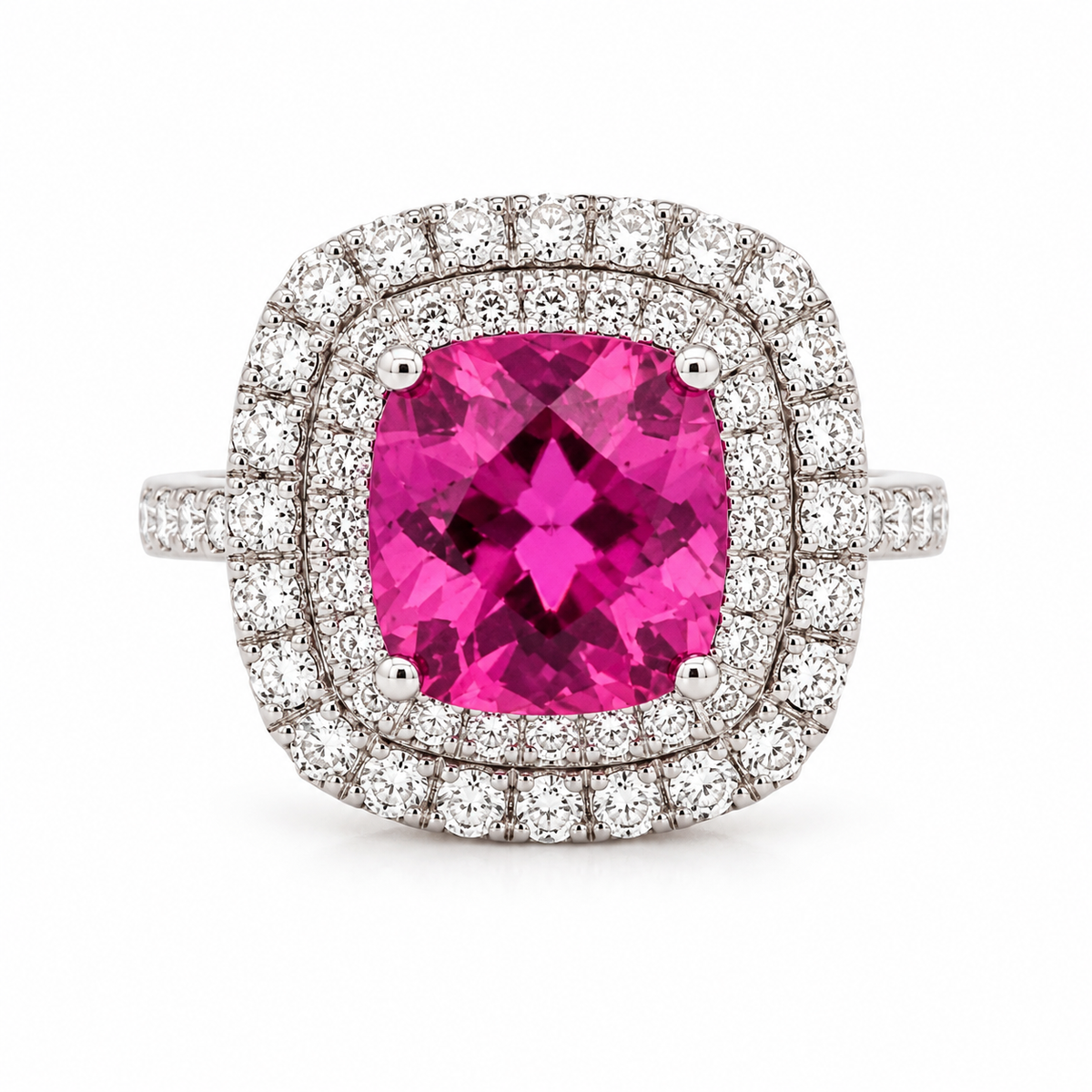 Pink Tourmaline 5.73 ct Cushion Cut and Diamond 2.00 ct Double Halo Ring in 14kt Rose Gold