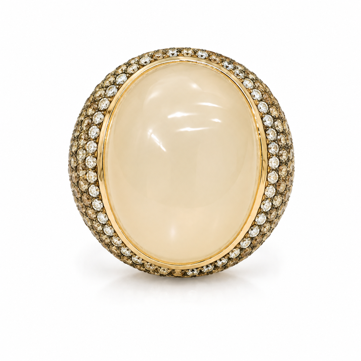 Moonstone Oval Cabochon 40+ ct and Brown and White Diamond Ring in 18kt Rose Gold