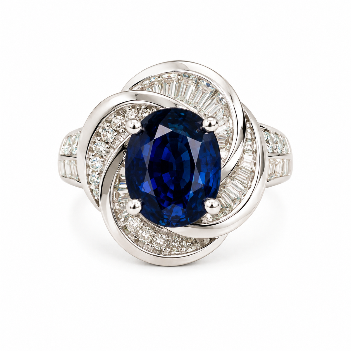 Natural Blue Sapphire 3.70 ct Oval and Diamond Ring in 18kt White Gold, SGL Report